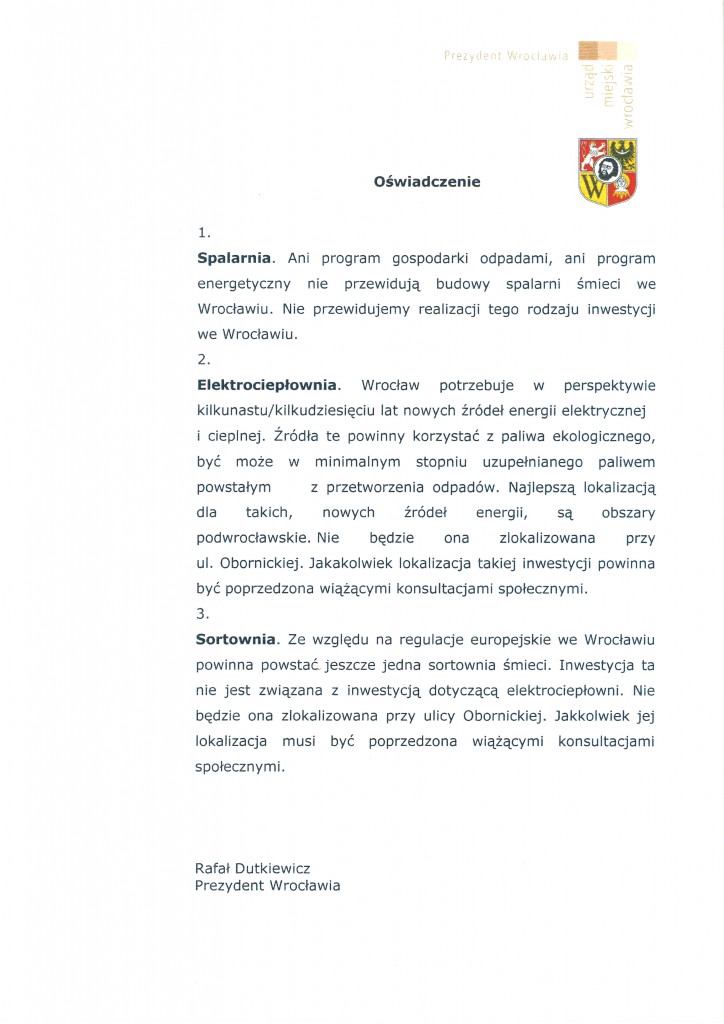 Oświadczenie Prezydenta Rafała Dutkiewicza w sprawie Sparalni Odpadów przy ulicy Obornickiej we Wrocławiu.